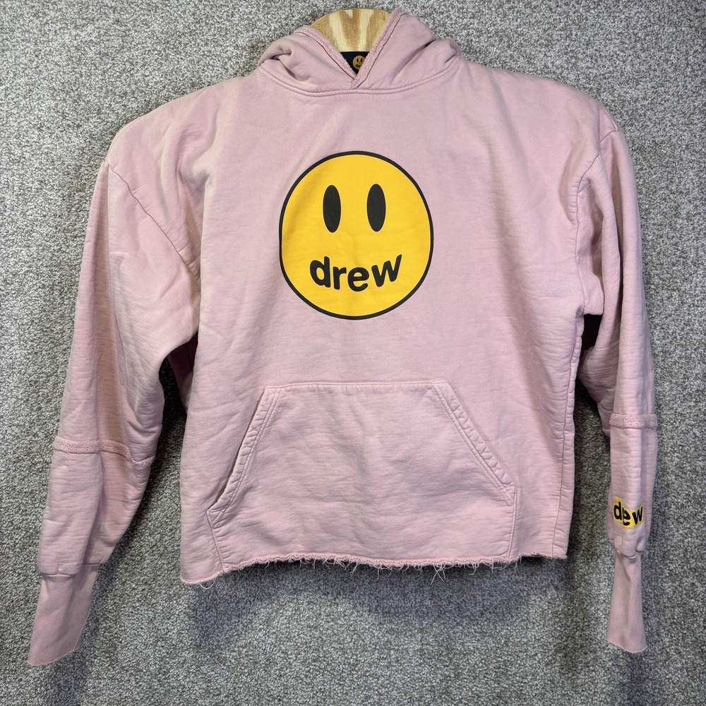 Drew House Hoodie Womens Small Pink Fleece Pullover Smiley Face Graphic